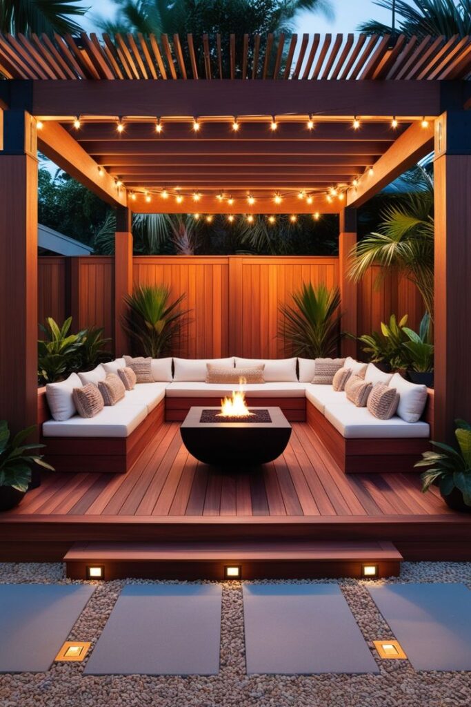 elegant backyard oasis with a firepit and string lights